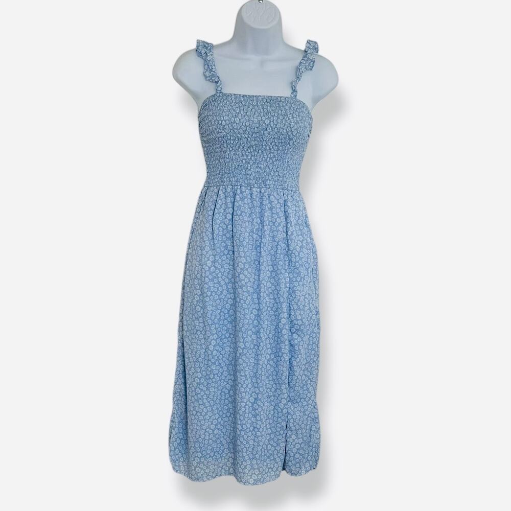 Abercrombie A&F Blue Floral Midi Dress Smocked Bodice Pockets Slit Size S